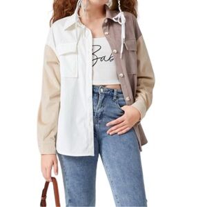 SHEIN Teen Girls Color Block Flap Pocket Drop Shoulder Corduroy Blouse 14Y